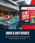 No Sweat Three Way Pool And Spa Water Testing Kit For Fast Chlorine Bromine PH Balance Smooth Home Maintenance For Freshwater And Saltwater Pools Swim Ready Care Made Simple displayed beside a child playing in a pool.