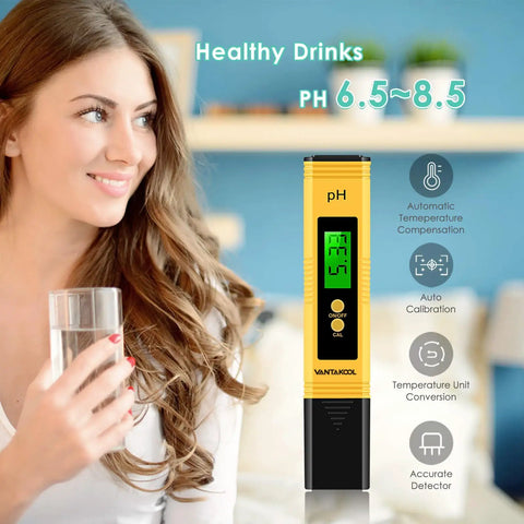 Digital Water PH Tester With 0.01 Accuracy And 0 To 14 PH Range For Hydroponics Drinking Water Pools Aquariums And Home Labs Easy To Use With Bright LED Backlit Display For Clear Readouts Even In Low Light next to a smiling woman holding a glass of water.