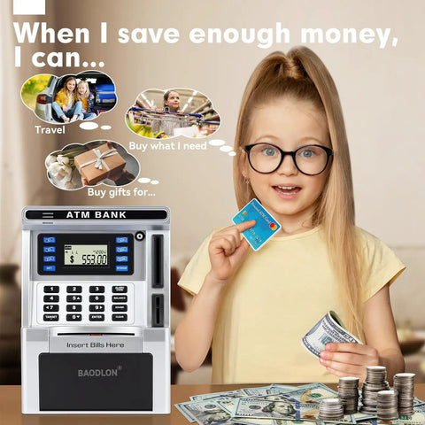 Child holding cash and card with ATM Style Piggy Bank For Kids With Real Money Deposits Debit Card Access Bill Feeder Coin