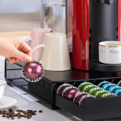 Space Saving Coffee Pod Organizer In A Sleek Black Metal Stand Holds 50 Pods, Easy Access And Quick Refills with Vertuo pods