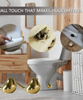 Gold Ceramic Bird Toilet Bolt Covers Set Of 2 Decorative Toilet Bolt Caps For Bottom Of Toilet Easy Install Bathroom Decor Accessories Cute And Functional displayed next to toilet and close-up of installation process.
