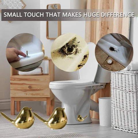 Gold Ceramic Bird Toilet Bolt Covers Set Of 2 Decorative Toilet Bolt Caps For Bottom Of Toilet Easy Install Bathroom Decor Accessories Cute And Functional displayed next to toilet and close-up of installation process.