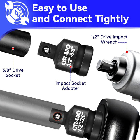 Half Inch Female To Three Eighths Inch Male Impact Socket Adapter Reducer Set Two Pack Heavy Duty Chrome Molybdenum Steel for Wrench