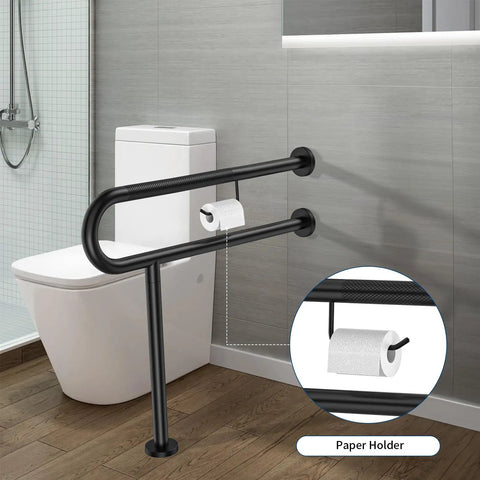Slick Matte Black Wall To Floor Toilet Safety Grab Bar With Paper Holder Heavy Duty, waterproof 304 stainless steel, bathroom assist rail.