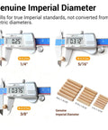 Wood Dowel Pins Kit, 90 Pieces, Imperial Diameters 1/4 Inch, 5/16 Inch, 3/8 Inch Wood Dowels displayed with calipers