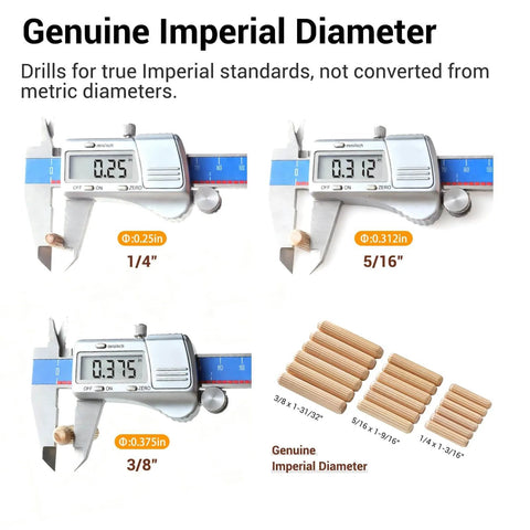 Wood Dowel Pins Kit, 90 Pieces, Imperial Diameters 1/4 Inch, 5/16 Inch, 3/8 Inch Wood Dowels displayed with calipers