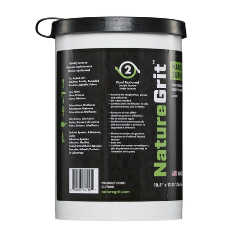 NatureGrit hand and surface wipes in a white bucket with black lid; box of 6 canisters, 72 ct per canister.