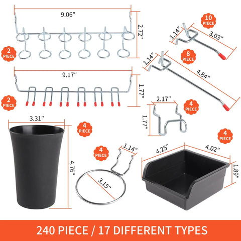 Pegboard Organizer Kit With 240-Piece Hook Set For Garage Wall Storage, Value Packed Bundle Includes Bins, Cups, Hooks