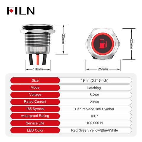 Diagram and dimensions of Two Pack 19mm Latching Push Button Switch Stainless Steel IP67 Waterproof LED Indicator
