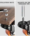 Installation guide demonstrating installation of Rock Solid 2 Inch Caster Wheels With Quarter Inch Threaded Stem set on wood.