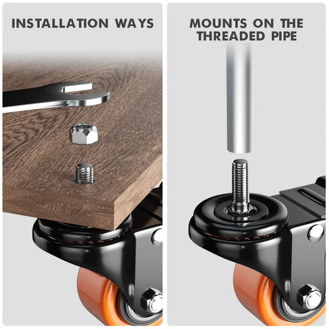 Installation guide demonstrating installation of Rock Solid 2 Inch Caster Wheels With Quarter Inch Threaded Stem set on wood.