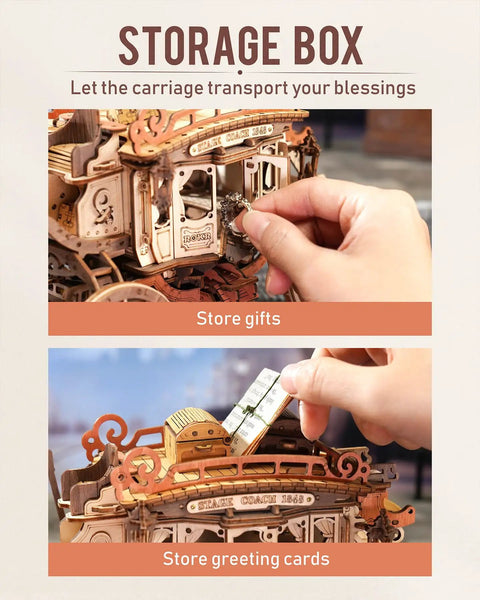 Stagecoach 3D Wooden Puzzle Kit For Adults Wind Up Music Box DIY Model Western Vehicle Craft Project Dope Gift For Ages 14 And Up Hands On Home Display, wooden storage box