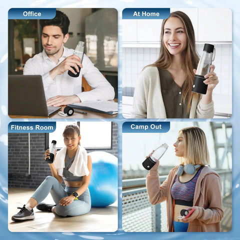 People using 3 In 1 Hydrogen Water Generator Bottle With SPE And PEM Tech in various locations; office, home, fitness room, camp