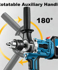 Close-up of 180° rotatable auxiliary handle on No Fuss 2 In 1 Cordless Drill And Mixer Boasts A Slick 180 Degree Swivel Handle And Snappy 2 Speed Torque For Easy Mortar Grout Mixing Or Rugged Wood Drilling Jobs In Bright Blue.