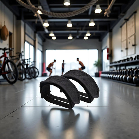 One Pair Black Bike Pedal Straps With Adhesive For Fixed Gear And Regular Bicycles in a gym setting