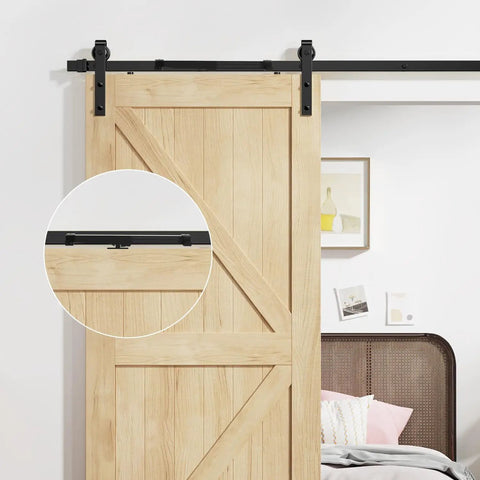 Hole Free Barn Door Soft Close Mechanism Upgraded Quiet Sliding Door Hardware Spring Damper on wood barn door, black steel track