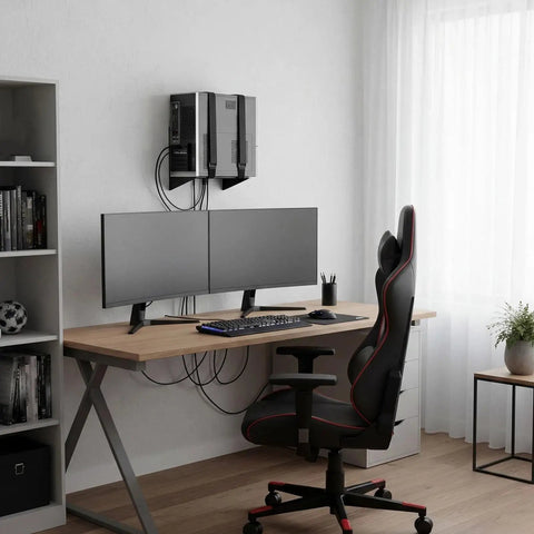 Universal PC Wall Mount Rock Solid Metal Support Bracket For Desktop Towers And CPUs above dual monitors on wooden desk.