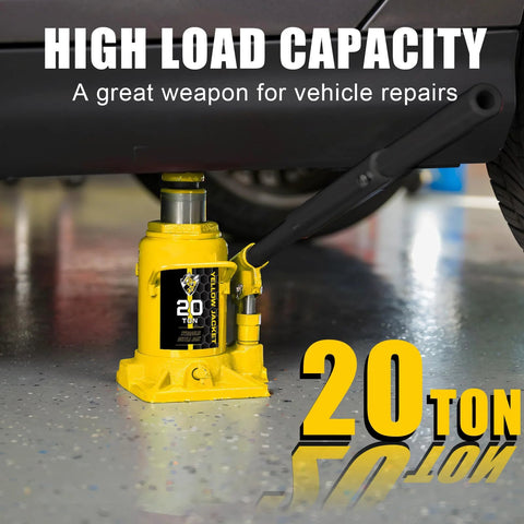 Yellow Jacket 20-ton low-profile bottle jack under a vehicle for lifting.