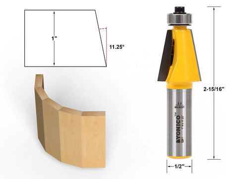 Chamfer Router Bit Set With Bevel Edge Forming Five Bit Kit One Half Inch Shank Model 13508, 11.25° angle and cut example