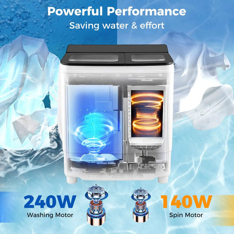 Compact Twin Tub Portable Washing Machine Featuring High Speed Drain Pump Quick Spin Dryer Combo built for apartments and RV trips with 240W washing motor.