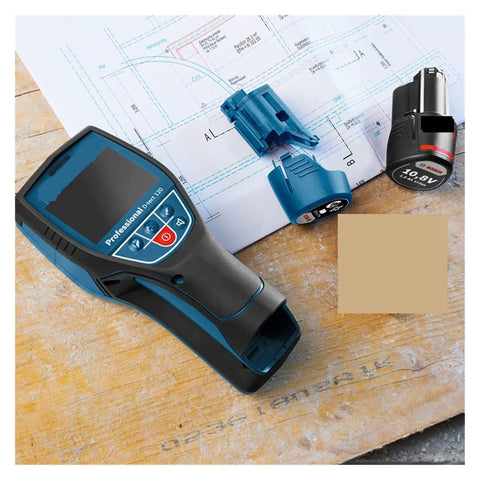 Pro Level Stud Finder and Wall Scanner boasting dead-on metal scanning on a workbench with accessories and plans.