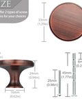 Size chart for Two Pack Round Drawer Pulls In Red Bronze With Vintage Brushed Antique Copper Finish, with screw options shown.