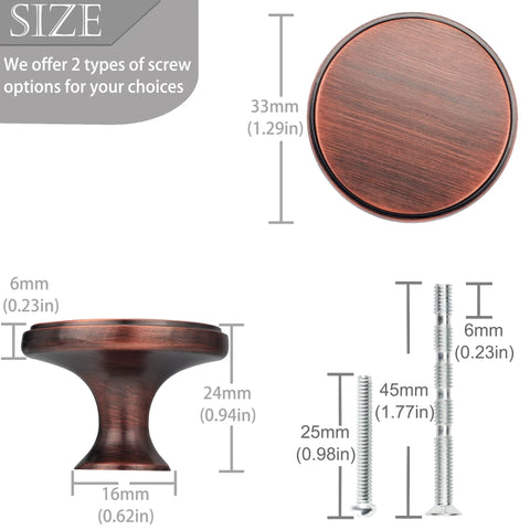 Size chart for Two Pack Round Drawer Pulls In Red Bronze With Vintage Brushed Antique Copper Finish, with screw options shown.
