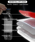 Layered adhesive technology shown with easy-peel liner, high-density core, and protective liner on a bottle