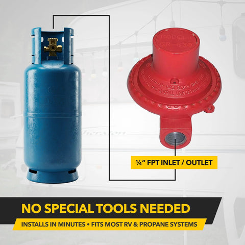 Blue RV propane tank and red GR-630B regulator with 1/4" FPT inlet/outlet for campers