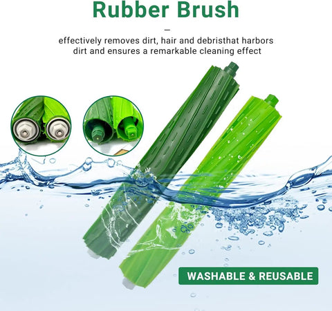 Rubber brushes for Evo I and J Series Roomba models submerged in water, showcasing washable design for Beef Up Your Robot Vacuum.