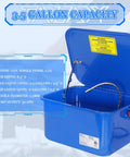 Heavy Duty Workhorse Portable Parts Washer With 110V Motor Pump And 3.5 Gallon Stainless Steel Tank with blue tub and hose.