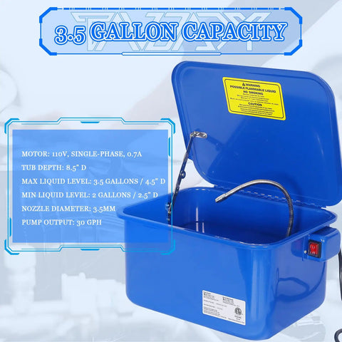 Heavy Duty Workhorse Portable Parts Washer With 110V Motor Pump And 3.5 Gallon Stainless Steel Tank with blue tub and hose.