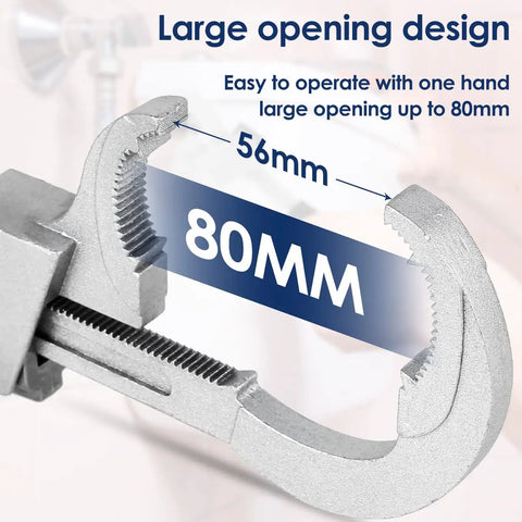 Close-up of Universal Adjustable Double End Wrench For Faucets And Plumbing All In One Basin Nut Tool showcasing 80mm opening.