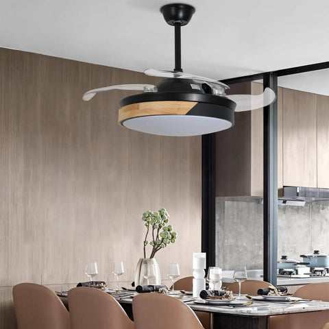 Ceiling Fan with Light 42 Inch Modern Round Chandelier Wireless Control in stylish dining area with wood accents.