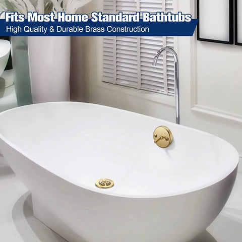 Hassle Free Tub Drain Linkage Assembly With Trip Lever And Gold Cover Adjustable Fit For Bathtub Overflow Repair in modern bathroom.
