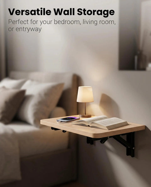 Slick Folding Wall Mounted Projector Shelf In Solid Natural Wood, Compact Floating Bracket For Routers And Cable Boxes, Dead Simple Setup For Any Cozy Home Theater Or Gaming Nook with soft lamp and open book.
