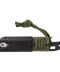 Prybrid X EDC Multitool Pocket Knife With Retractable Box Cutter Blade And Pry Bar 8 In 1 All In One Utility Tool Wire Stripper Flat Drivers Nail Puller Bottle Opener Paracord Wrap Green with paracord wrap and pry bar visible.