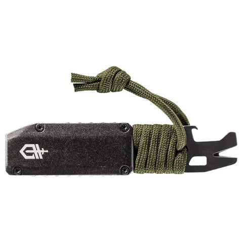 Prybrid X EDC Multitool Pocket Knife With Retractable Box Cutter Blade And Pry Bar 8 In 1 All In One Utility Tool Wire Stripper Flat Drivers Nail Puller Bottle Opener Paracord Wrap Green with paracord wrap and pry bar visible.
