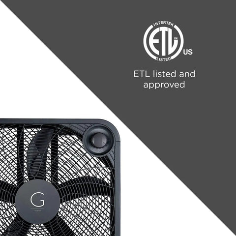 20 Inch High Velocity Box Fan With 3 Speed Settings, Durable Copper Motor, ETL approved, partial top view with safety certification