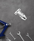 Built Tough Stainless Steel Box Truck Hinges Cargo Trailer Rear Door Hardware on a gray surface next to wrenches.