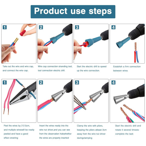 Step-by-step guide using Two Pack Wire Nut Twister Set for Drill Chuck Quarter Inch in home wiring, cable stripping, and connecting.