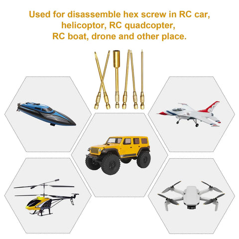 6 In 1 RC Tool Kit with screwdriver bits and hex drivers for disassembling RC cars, drones, boats, helicopters, and quadcopters.