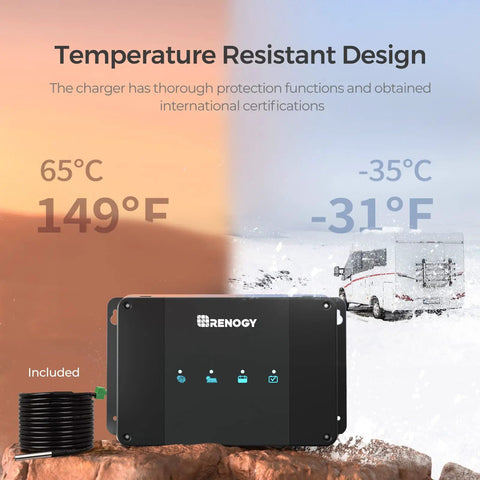 Road Warrior 50 Amp Dc To Dc MPPT Battery Charger 12 Volt Dual Input Smart System shown in temperature resistant design.