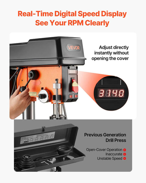 Heavy Duty 12 Inch Benchtop Drill Press With 1 HP Motor, 6.2 Amp, variable speed RPM display