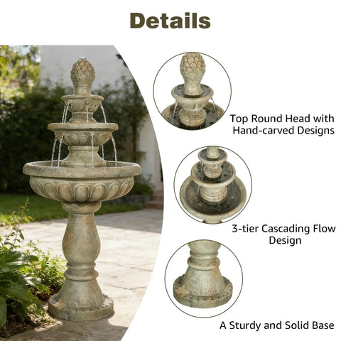 42.5 Inch Outdoor Water Fountain With 3 Tier Cascading Waterfall In Fiber Reinforced Concrete For Garden Patio Backyard