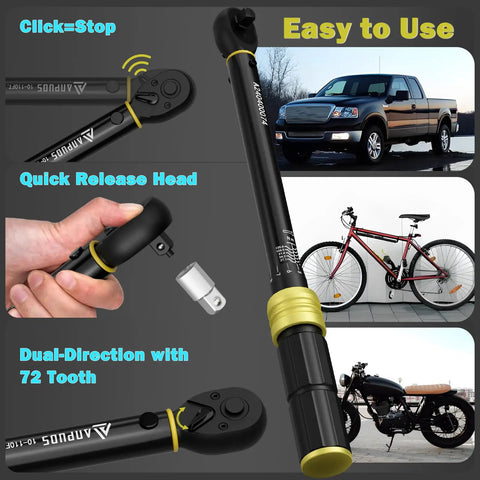 Five Piece Torque Wrench Set With Quarter, Three Eighths, And Half Inch Drives For Bike Auto And Motorcycle, close-up view of wrench and vehicles.