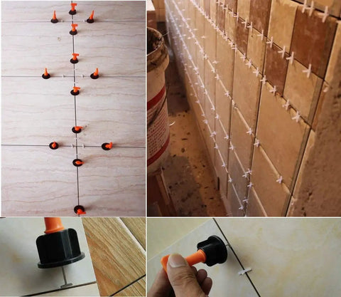 Tile Leveling System Kit 1/16 Inch Reusable for DIY and Pros with 200 Levelers, 1000 Spacers, images showing tile alignment tools.