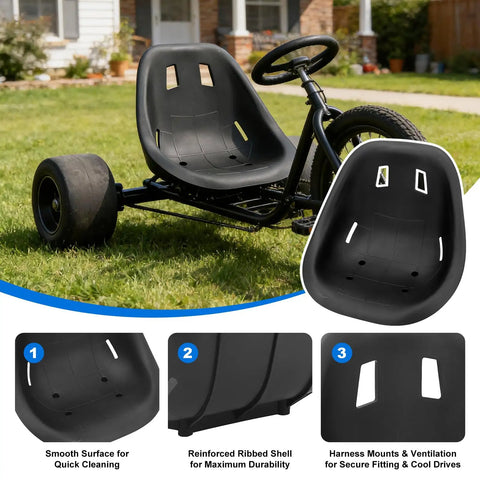 Ergonomic Universal Go Kart Seat With Backrest For Racing Drift Cars And Balance Vehicles shown on go kart frame outdoors