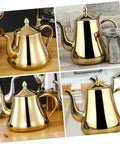 Top Shelf Stainless Steel Kettle With Extended Spout For Smooth Pours Heat Resistant Bottom Works Great On Gas Stove And Induction Cooker Go To Coffee Gear in different angles on wooden and light backgrounds.
