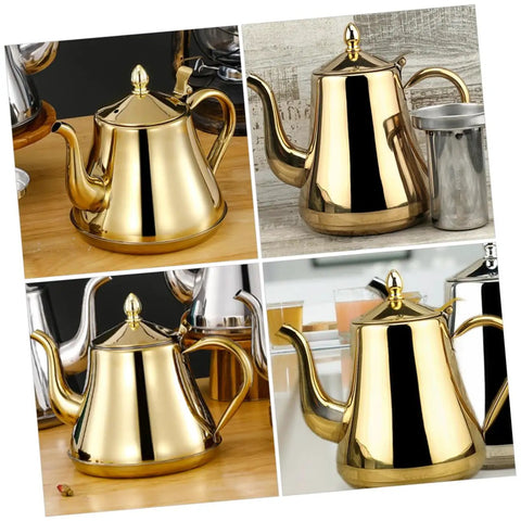 Top Shelf Stainless Steel Kettle With Extended Spout For Smooth Pours Heat Resistant Bottom Works Great On Gas Stove And Induction Cooker Go To Coffee Gear in different angles on wooden and light backgrounds.